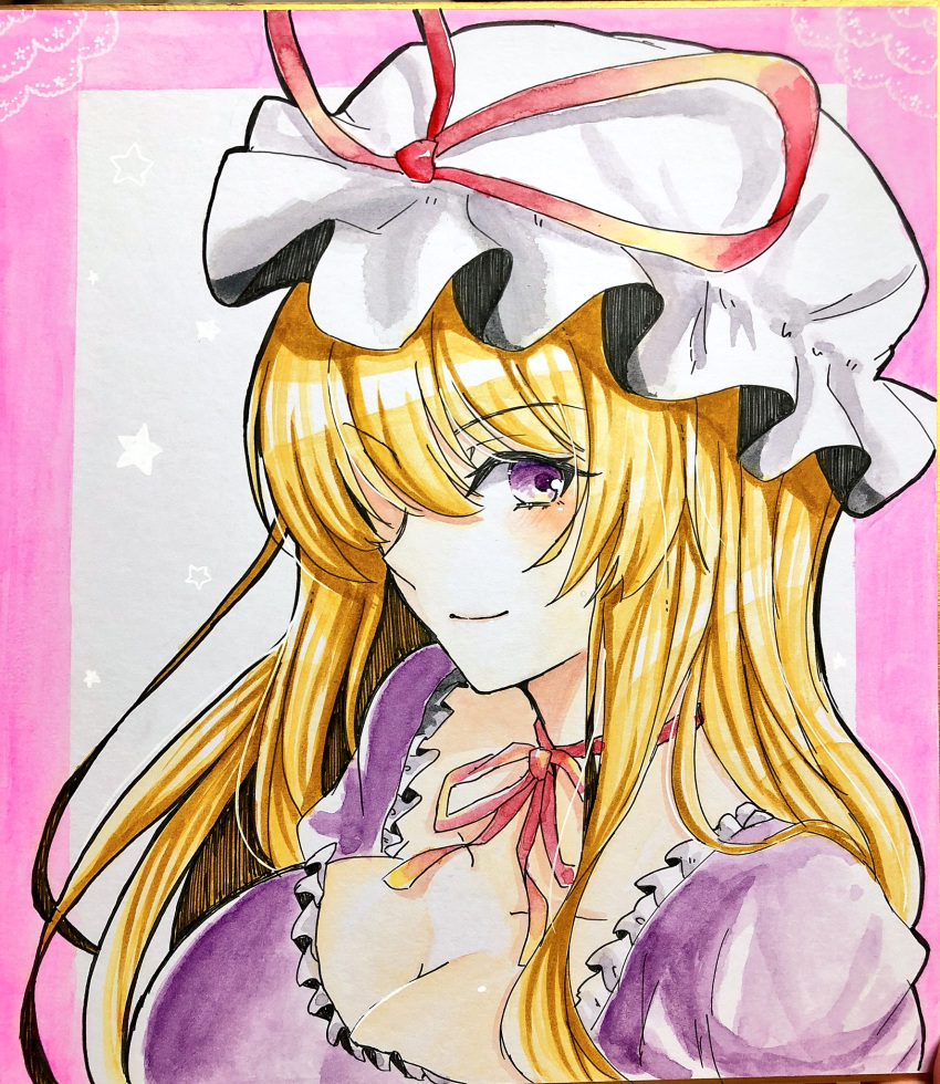 blonde_hair breasts cleavage closed_mouth commentary_request dress eyebrows_visible_through_hair hair_over_one_eye hat hat_ribbon highres large_breasts long_hair looking_at_viewer mob_cap neck_ribbon photo puffy_sleeves purple_dress purple_eyes red_neckwear red_ribbon ribbon scan shikishi smile solo tanaji touhou traditional_media upper_body white_hat yakumo_yukari