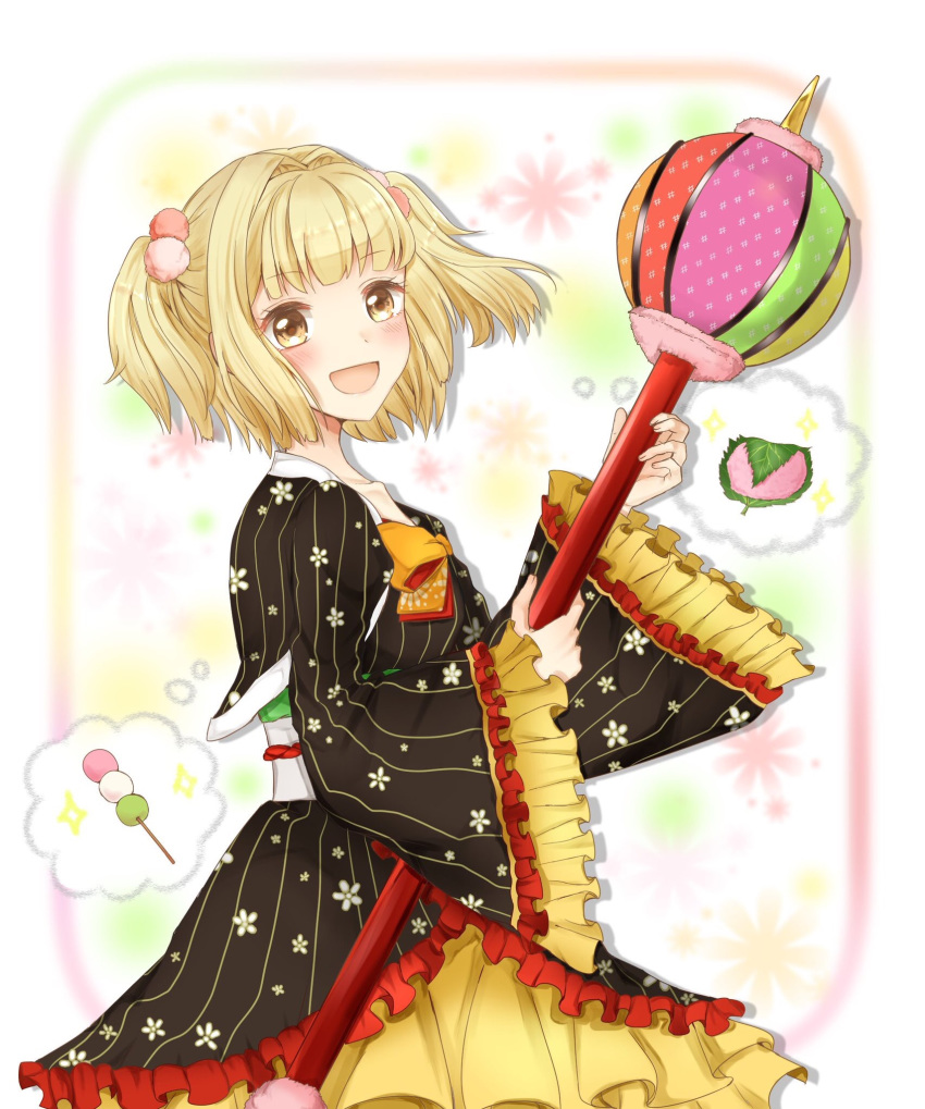 :d blonde_hair blush brown_eyes commentary_request dango food highres hinamatsuri holding_rod iijima_yun izu_(17094901) kirara_fantasia looking_at_viewer medium_hair mochi new_game! open_mouth sakura_mochi sanshoku_dango short_twintails smile solo standing thought_bubble twintails wagashi wide_sleeves