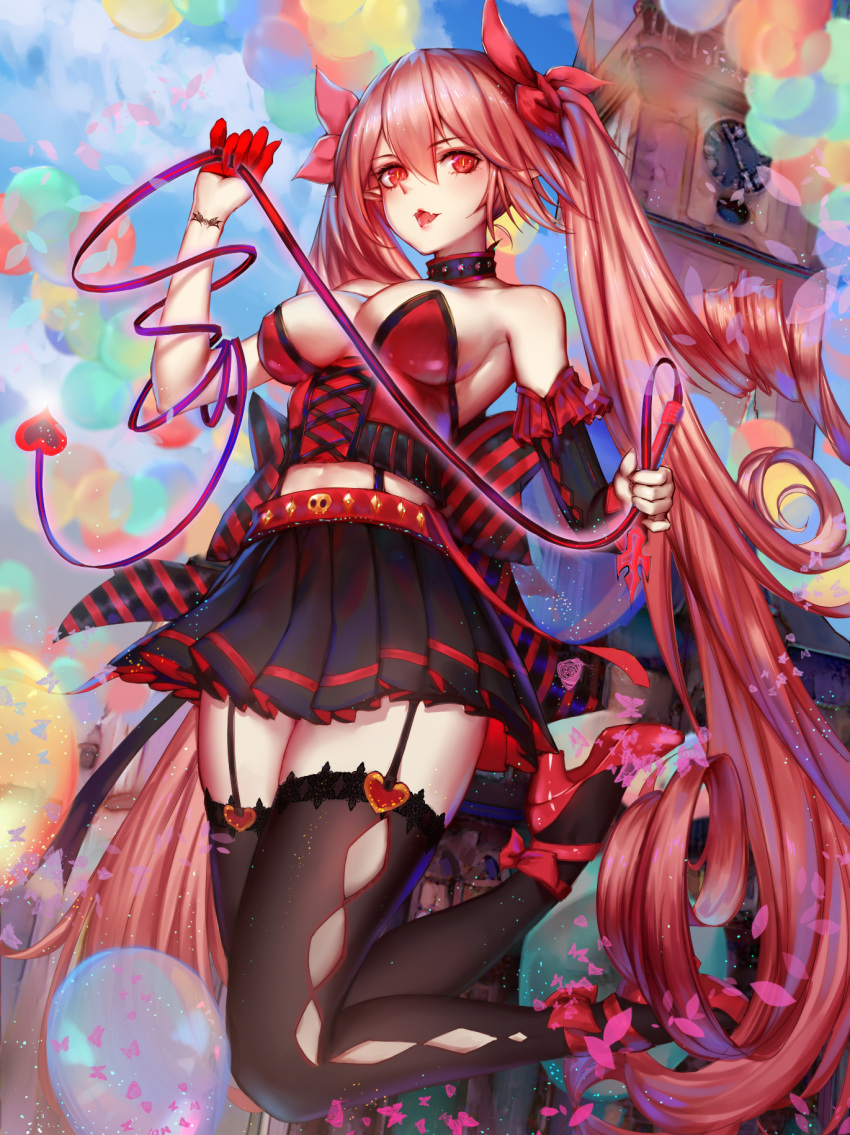 argyle argyle_legwear bad_id bad_pixiv_id bare_shoulders belt black_legwear black_skirt breasts cleavage clock clock_tower collar confetti corset detached_sleeves fangs full_body garter_straps gloves hair_between_eyes hair_ribbon half_gloves highres holding_whip jumping large_breasts long_hair looking_at_viewer miniskirt open_mouth original pink_hair pink_ribbon pleated_skirt pre_(17194196) red_eyes red_footwear ribbon single_glove skirt slit_pupils solo strapless thighhighs tower twintails very_long_hair whip zettai_ryouiki