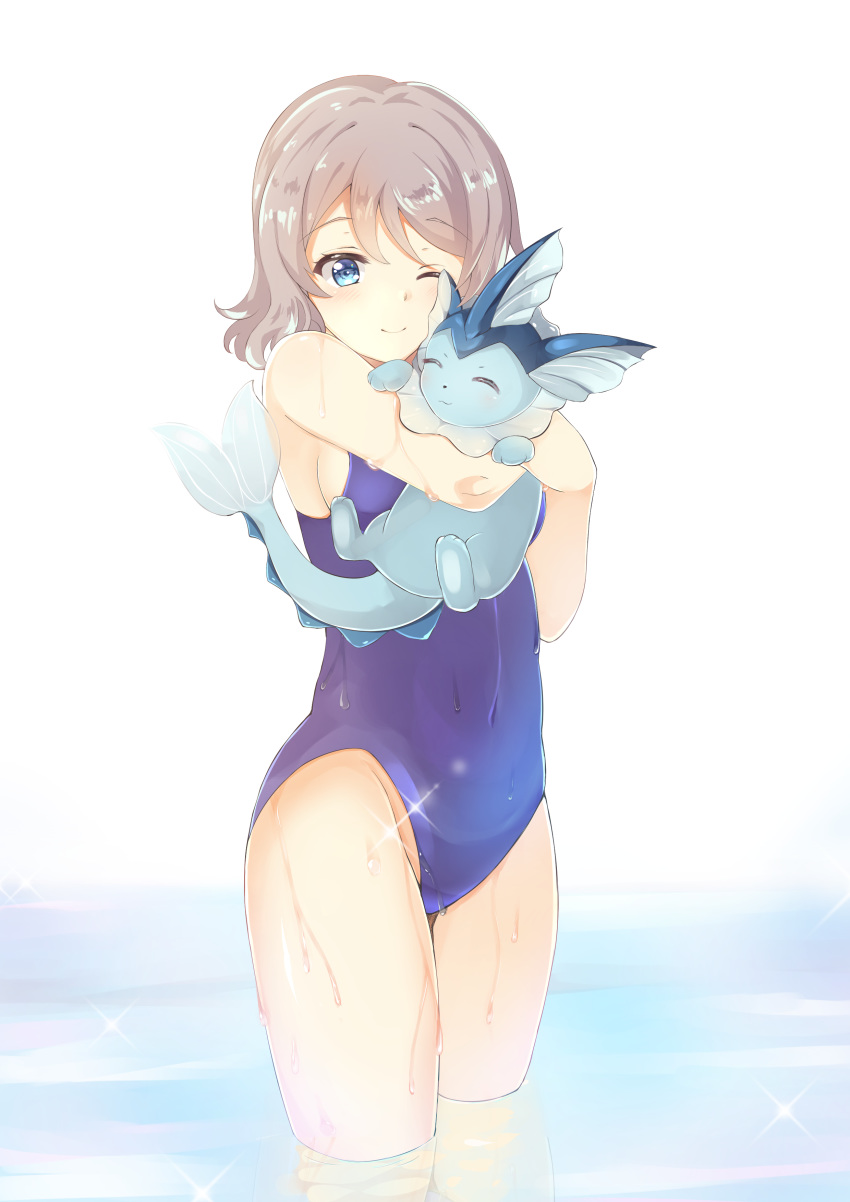 ;) absurdres bare_shoulders blue_eyes blue_swimsuit competition_swimsuit covered_navel crossover feet_out_of_frame grey_hair highres holding holding_pokemon hug looking_at_viewer love_live! love_live!_sunshine!! one-piece_swimsuit one_eye_closed pokemon pokemon_(creature) pokemon_(game) short_hair smile standing swimsuit sylux vaporeon wading watanabe_you water wet