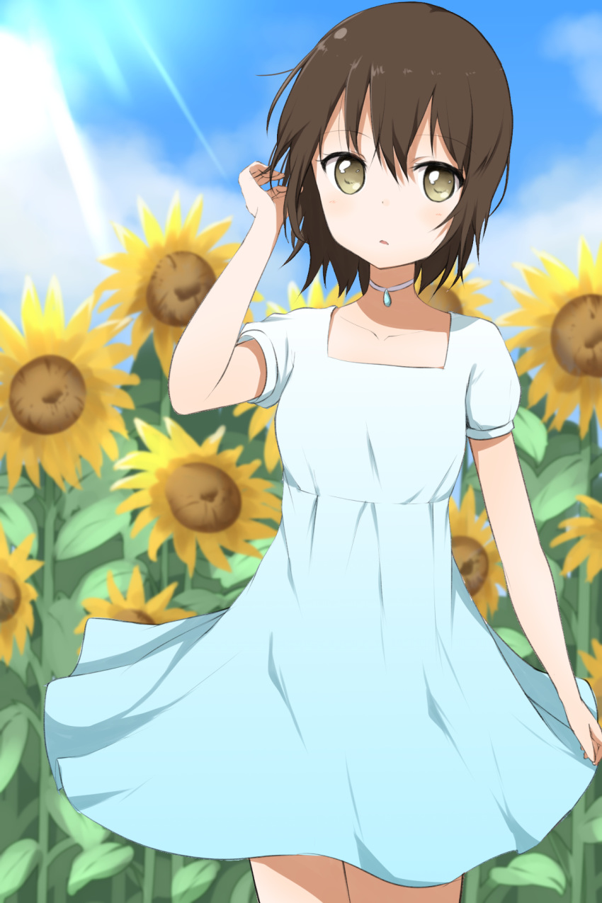 alternate_costume arm_at_side blue_dress blurry breasts brown_eyes brown_hair choker cowboy_shot day depth_of_field diffraction_spikes dress field flower flower_field funami_yui hand_in_hair highres kirikan looking_at_viewer outdoors parted_lips short_hair short_sleeves small_breasts solo sunflower yuru_yuri