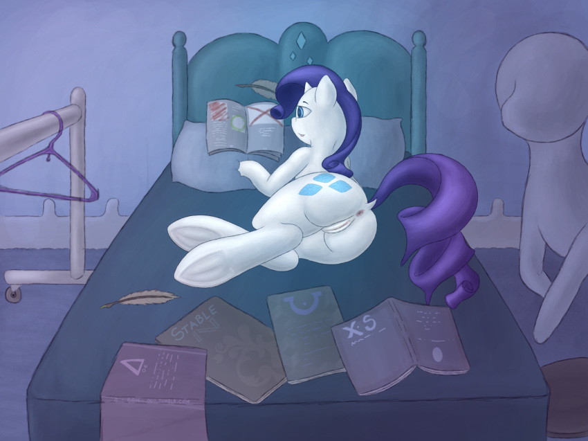 007delta 2016 4:3 anus blue_eyes butt clothes_hanger cutie_mark english_text equine feathers female feral friendship_is_magic fur hair horn inside loose_feather lying magazine mammal mannequin my_little_pony on_side pillow purple_hair pussy quill rarity_(mlp) reading solo text unicorn white_fur