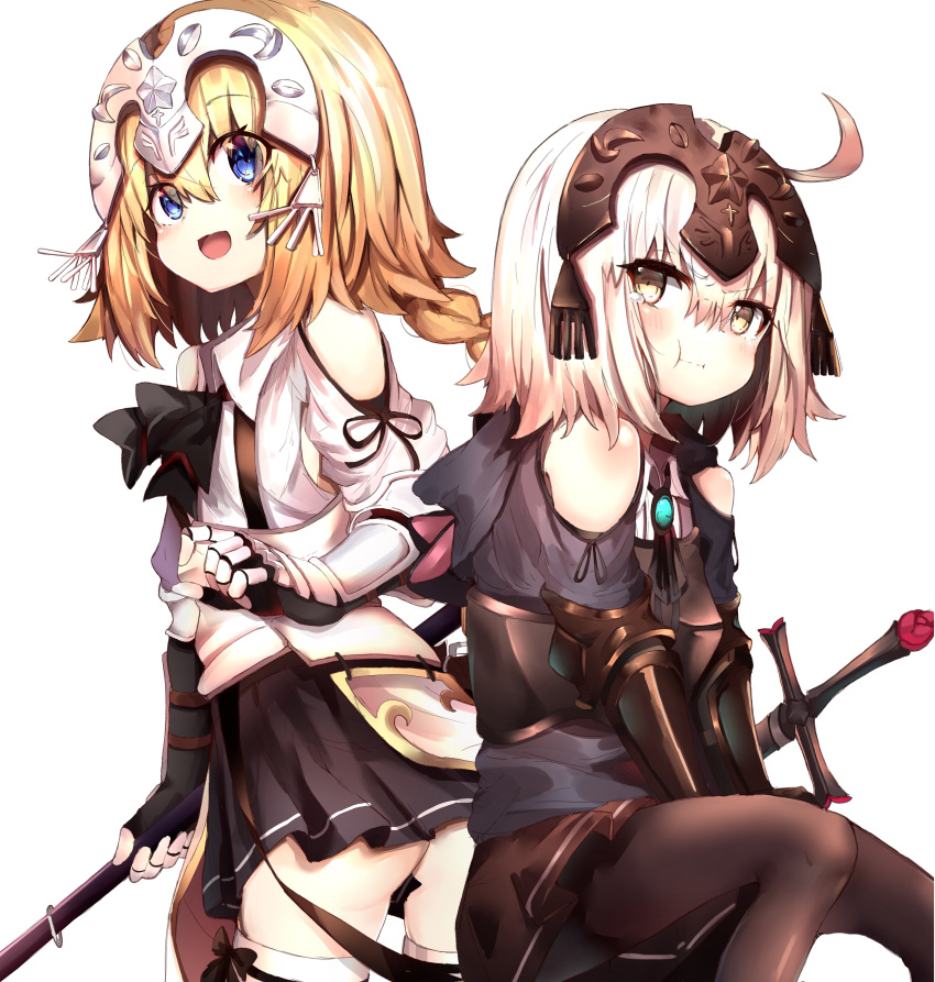 :d :t absurdres ahoge animal_ears animal_hood ass bangs black_bow black_hoodie black_legwear black_ribbon black_skirt blonde_hair blue_eyes blush bow braid brown_eyes cat_ears cat_hood closed_mouth commentary_request eyebrows_visible_through_hair fate/apocrypha fate/grand_order fate_(series) gauntlets hair_between_eyes headpiece highres holding hood hood_down hoodie jeanne_d'arc_(alter)_(fate) jeanne_d'arc_(fate) jeanne_d'arc_(fate)_(all) long_hair multiple_girls neck_ribbon open_mouth pantyhose pleated_skirt pout ranf ribbon shirt shoulder_cutout silver_hair simple_background sitting skirt smile sword tears thighhighs weapon white_background white_legwear white_shirt