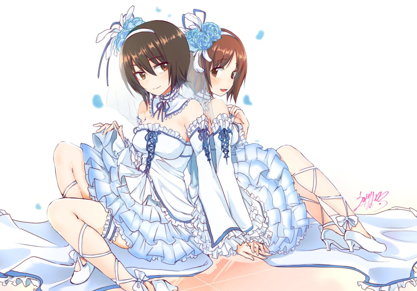 alternate_costume back-to-back bangs brown_eyes brown_hair collar commentary_request detached_collar detached_sleeves dress emirio_(user_wmup5874) flower frilled_collar frilled_dress frilled_skirt frilled_sleeves frills girls_und_panzer hair_flower hair_ornament hairband hands_together high_heels highres leg_garter leg_ribbon multiple_girls nishizumi_maho nishizumi_miho ribbon short_hair siblings simple_background sisters sitting skirt white_dress white_footwear white_hairband