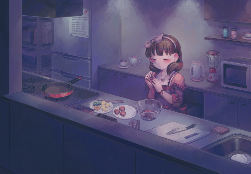 apron blender blush bow bowl bracelet brown_hair chopsticks closed_eyes commentary_request cooking cup cupboard cutting_board earrings food frying_pan hair_bow hairband handkerchief heart idolmaster idolmaster_cinderella_girls indoors jewelry kitchen kitchen_knife knife microwave necklace pink_hairband plate refrigerator sakuma_mayu sasasasa sink smile solo stove teacup teapot water_boiler