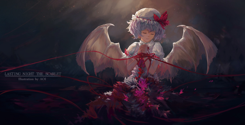 aoi_(g42gyyqi) artist_name bat_wings blouse bound bound_wrists closed_eyes commentary_request facing_to_the_side feathers gradient gradient_background hands_clasped hat hat_ribbon highres interlocked_fingers lavender_hair mob_cap own_hands_together parted_lips puffy_short_sleeves puffy_sleeves red_ribbon remilia_scarlet ribbon short_hair short_sleeves solo title touhou white_blouse wings