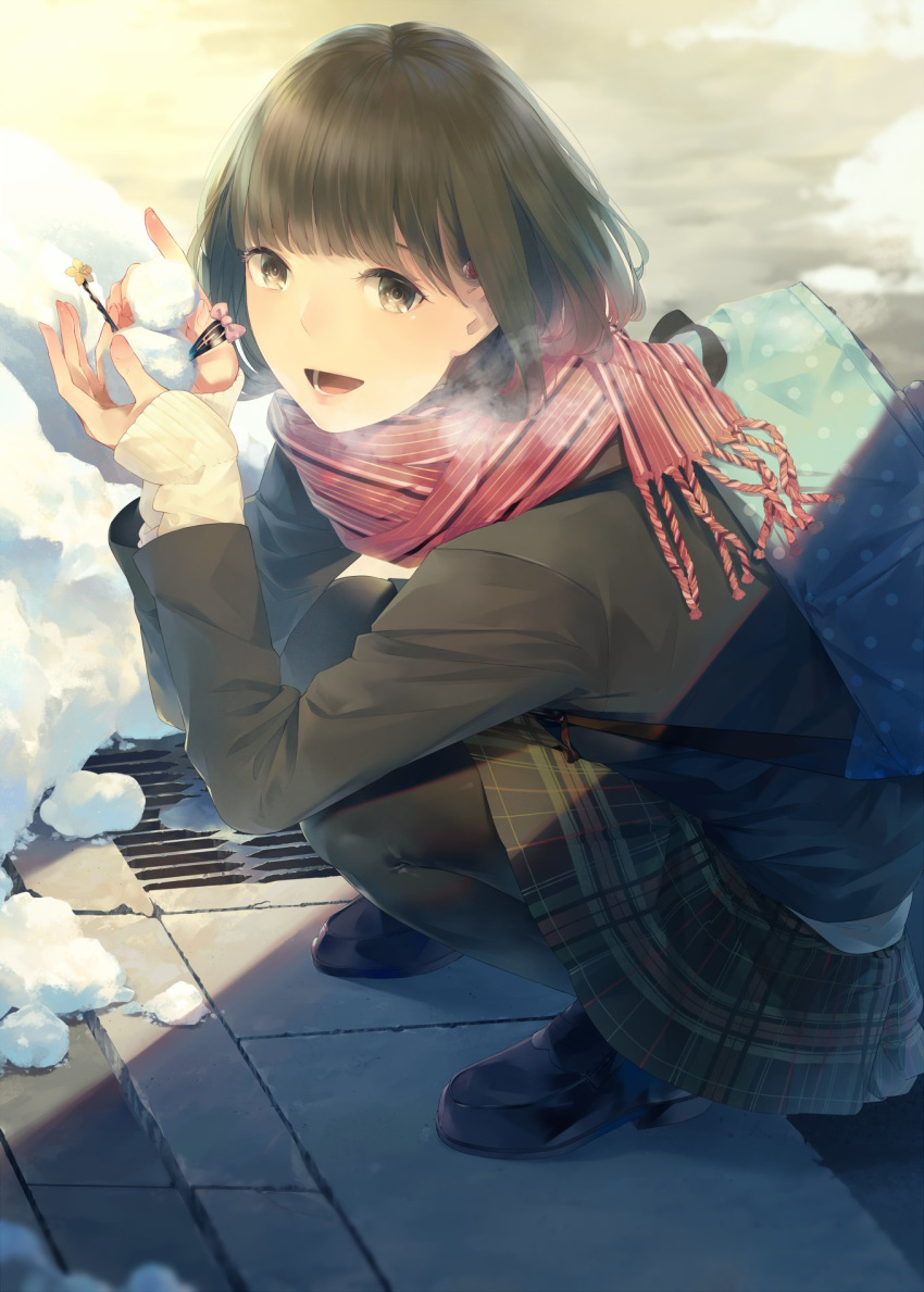 :d black_footwear bow breath brown_eyes brown_hair brown_jacket brown_legwear brown_skirt day from_side highres jacket long_sleeves open_mouth original outdoors pantyhose pink_bow red_scarf scarf shoes short_hair skirt sleeves_past_wrists smile snow snowing snowman solo sousou_(sousouworks) squatting sweater white_sweater
