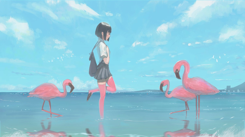 backpack bag bird black_hair black_skirt blue_sky bob_cut day flamingo from_side horizon leg_up looking_at_another miniskirt ocean original outdoors pink_legwear pleated_skirt profile reflection reido_(reido_c) school_uniform serafuku shirt short_hair short_sleeves skirt sky smile solo standing standing_on_one_leg thighhighs wading white_shirt zettai_ryouiki