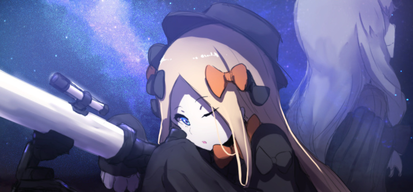 ;o abigail_williams_(fate/grand_order) absurdres bad_id bad_twitter_id bangs black_bow black_dress black_hat blonde_hair blue_eyes bow closed_mouth commentary_request dress fate/grand_order fate_(series) hair_bow hat highres lavinia_whateley_(fate/grand_order) long_hair long_sleeves looking_away looking_down multiple_girls night night_sky one_eye_closed orange_bow parted_bangs parted_lips projected_inset silver_hair sketch sky sleeves_past_fingers sleeves_past_wrists smile star_(sky) stargazing starry_sky telescope transparent very_long_hair wada_kazu