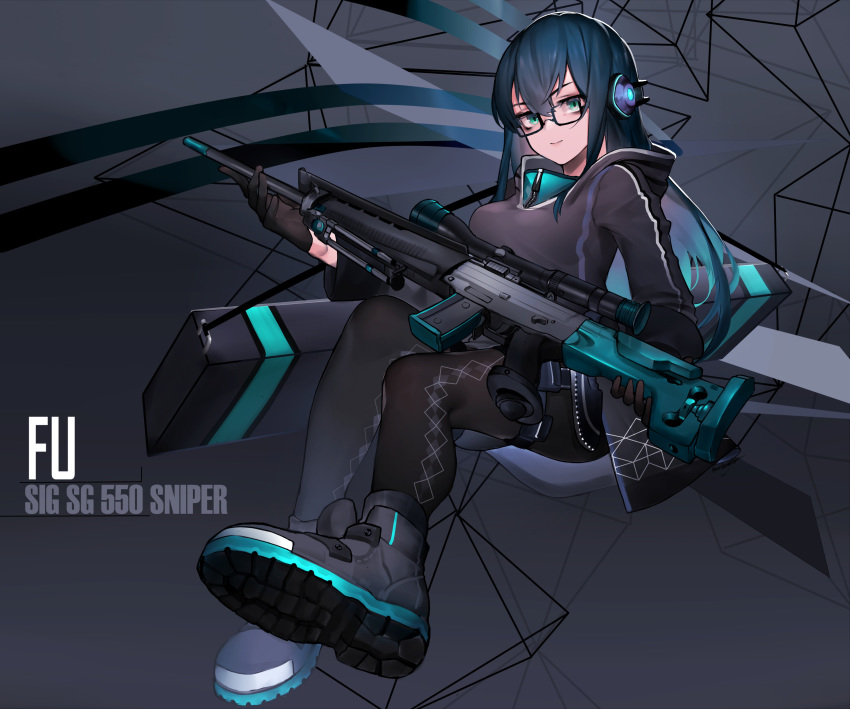 1girl absurdres aqua_eyes aqua_hair argyle argyle_legwear assault_rifle black-framed_eyewear black_footwear black_gloves black_hair black_legwear black_sweater closed_mouth commentary commission full_body gloves gun hair_between_eyes headphones highres holding holding_weapon hood hood_down hooded_sweater long_hair looking_at_viewer multicolored_hair neonbeat original pantyhose rifle shoes sidelocks sig_550 sneakers solo sweater very_long_hair weapon