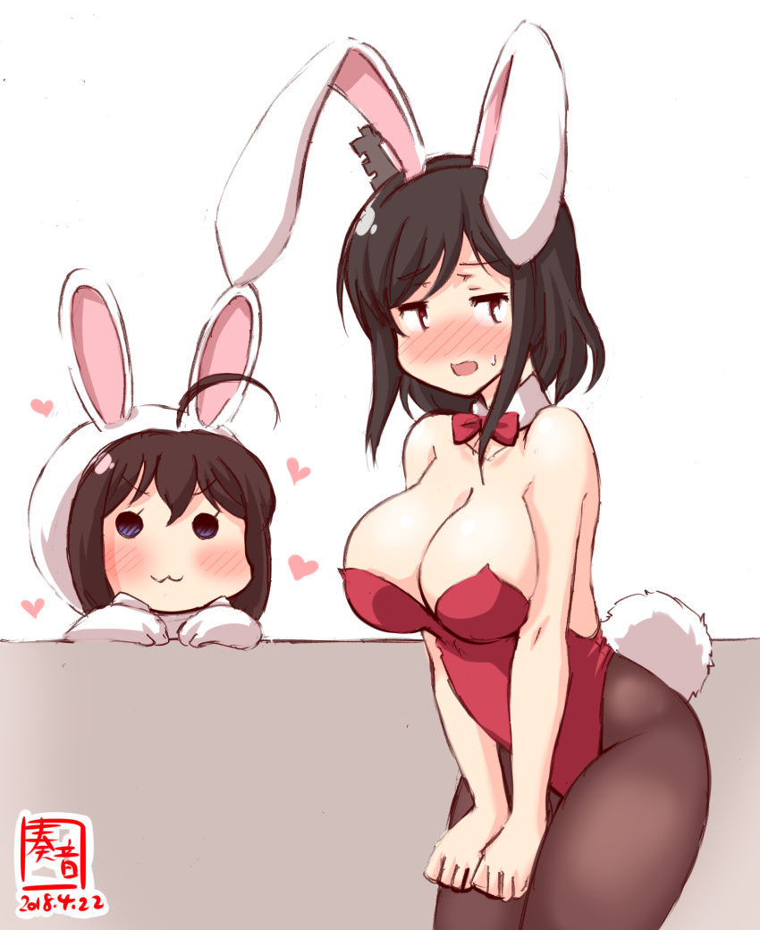 :3 alternate_costume animal_costume animal_ears artist_logo black_hair black_legwear blush bow bowtie breasts brown_hair bunny_costume bunny_ears bunny_girl bunny_tail bunnysuit cleavage commentary_request dated detached_collar embarrassed fake_animal_ears hair_flaps headgear highres kanon_(kurogane_knights) kantai_collection large_breasts leotard multiple_girls pantyhose red_eyes red_leotard shigure_(kantai_collection) short_hair signature simple_background strapless strapless_leotard tail wrist_cuffs yamashiro_(kantai_collection) younger