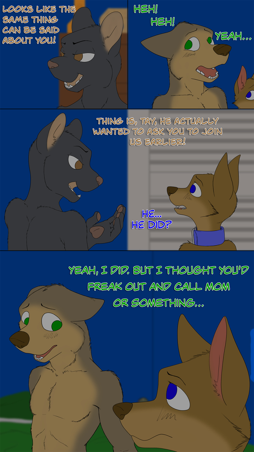 blue_eyes brother brown_eyes brown_fur canine collar comic cub english_text female fur green_eyes male mammal misterpickleman nude sibling sister taylor_knight text tristan_knight victor_mccain young