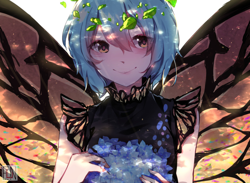 :&gt; artist_name black_dress blue_hair butterfly_wings commentary dappled_sunlight dress english_commentary eternity_larva euneun flower hair_between_eyes holding holding_flower looking_at_viewer orange_eyes short_hair simple_background sleeveless sleeveless_dress smile solo sunlight touhou upper_body white_background wings