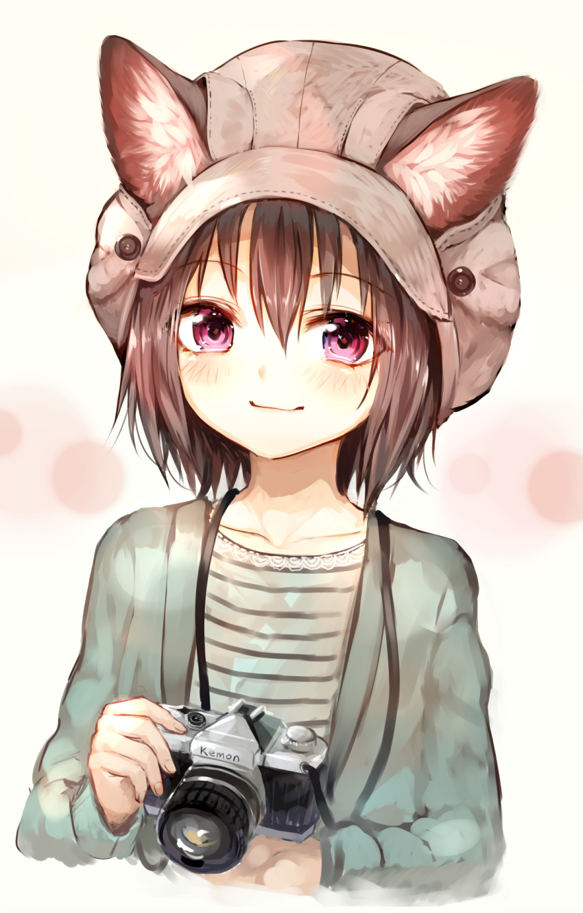 animal_ears bangs brand_name_imitation brown_hair camera commentary_request ears_through_headwear eyebrows_visible_through_hair hat highres holding holding_camera long_sleeves looking_at_viewer original pink_eyes shirt short_hair smile solo striped striped_shirt sukemyon upper_body