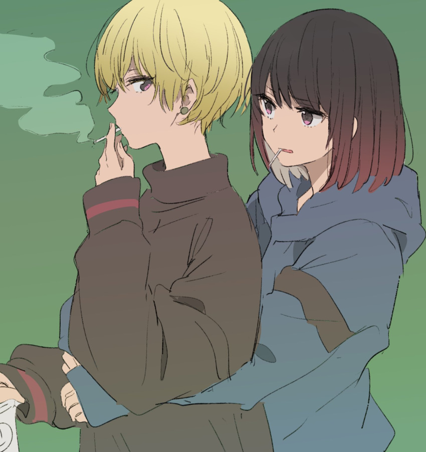 blonde_hair brown_hair cigarette commentary_request couple earrings green_background hand_up highres holding hug hug_from_behind jewelry long_sleeves looking_at_another monsieur mouth_hold multiple_girls original pink_eyes profile red_eyes short_hair simple_background smoking sweater yuri