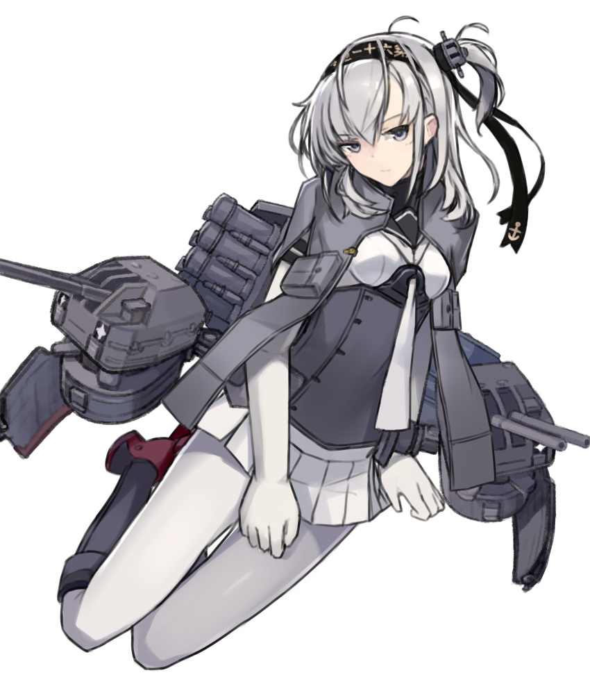 1girl absurdres ahoge anchor_symbol bangs black_footwear black_hairband blue_eyes blush boots breasts cannon chou-10cm-hou-chan_(suzutsuki's) clothes_writing corset elbow_gloves full_body gloves grey_jacket hairband head_tilt highres jacket kantai_collection knee_boots long_hair looking_at_viewer machinery mcan miniskirt one_side_up open_clothes open_jacket pleated_skirt pocket rigging shirt silver_hair simple_background sitting skirt small_breasts suzutsuki_(kantai_collection) thigh_gap turret white_background white_gloves white_legwear white_shirt white_skirt yokozuwari
