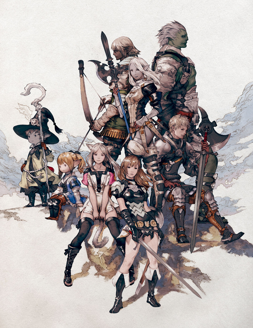 4girls animal_ears armor axe blonde_hair boots bow braid brown_eyes brown_hair cat_ears cat_tail dark_skin elbow_gloves elezen elf final_fantasy final_fantasy_xiv gloves green_skin grey_skin hair_ribbon hat highres hyur lalafell long_hair miqo'te multiple_boys multiple_girls official_art pointy_ears polearm ponytail ribbon roegadyn scarf short_hair sitting smile staff sword tail thigh_boots thighhighs twin_braids weapon white_hair witch_hat yoshida_akihiko