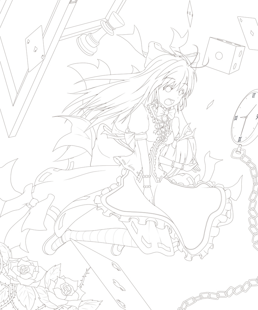 absurdres alice_(wonderland) alice_in_wonderland board_game bow card chain chess dice falling_card flower greyscale hair_bow highres lineart long_hair monochrome nogisaka_kushio pocket_watch rose solo watch