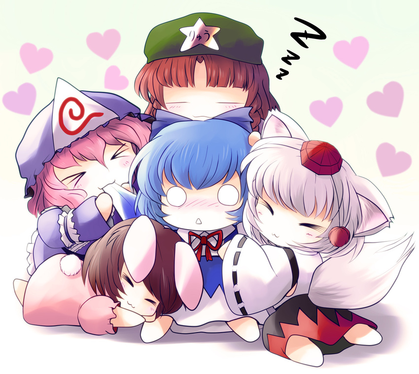 &gt;_&lt; :&lt; :3 animal_ears biting blue_hair blush brown_hair bunny_ears bunny_tail chibi cirno closed_eyes hat heart highres hong_meiling hug inaba_tewi inubashiri_momiji multiple_girls mundane_utility o_o pink_hair red_hair saigyouji_yuyuko sleeping star tail tokin_hat touhou v-shaped_eyebrows white_hair wolf_ears wolf_tail x3 yume_shokunin yuri zzz