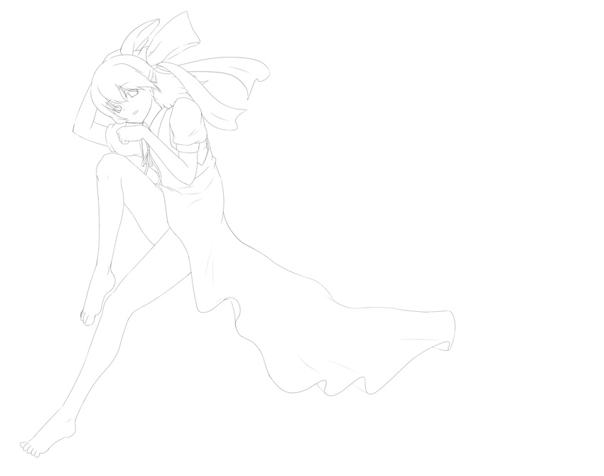 absurdres alternate_hairstyle cirno greyscale highres lineart long_hair monochrome murakami_(eito) ribbon solo touhou