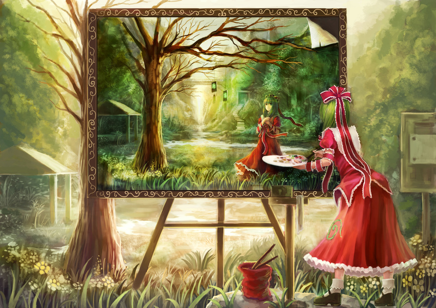 absurdres arm_ribbon bad_id bad_pixiv_id bare_tree bobby_socks bow canvas_(object) dress easel frills from_behind grass green_eyes green_hair hair_bow hair_ribbon hands_together highres kagiyama_hina kanji mary_janes nature own_hands_together painting painting_(object) palette red_dress ribbon shoes smile socks solo stream touhou tree white_legwear yinzhai