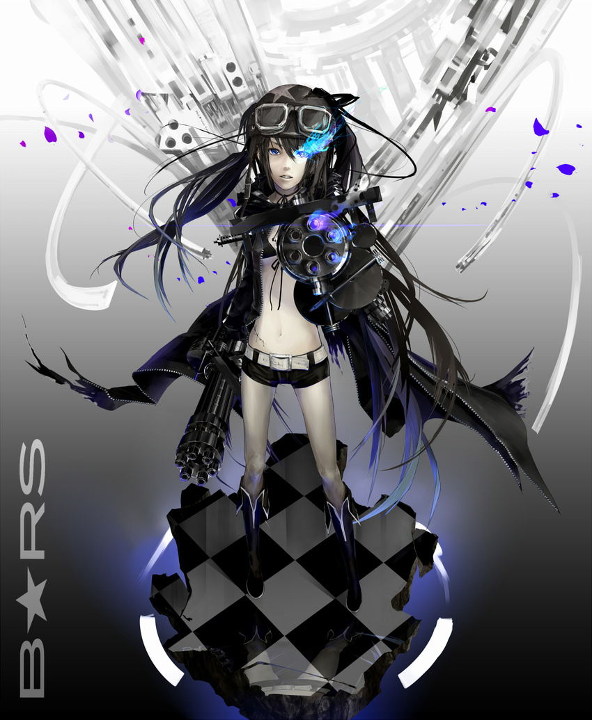 bad_id bad_pixiv_id bikini_top black_hair black_rock_shooter black_rock_shooter_(character) blue_eyes boots burning_eye coat gatling_gun goggles goggles_on_head gun helmet highres long_hair midriff navel nil pale_skin scar shorts solo twintails very_long_hair weapon