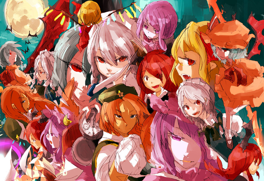 animal bad_id bad_pixiv_id bangs bat blonde_hair blunt_bangs close-up crystal demon_girl demon_wings expressionless face fire flame flandre_scarlet full_moon hat head_wings hong_meiling izayoi_sakuya koakuma kurau_kii long_hair looking_at_viewer mob_cap moon multiple_girls patchouli_knowledge purple_hair red_eyes remilia_scarlet shaded_face short_hair sidelocks silver_hair sketch succubus the_embodiment_of_scarlet_devil touhou vampire very_long_hair wings