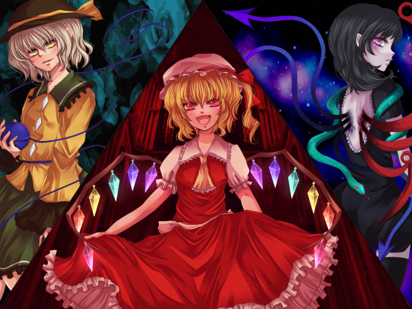 :d asymmetrical_wings bad_id bad_pixiv_id black_hair blonde_hair blush bow crystal dress fang flandre_scarlet flower frills gathers hat houjuu_nue komeiji_koishi multiple_girls open_mouth pink_eyes red_eyes ribbon short_hair side_ponytail silver_hair skirt smile snake space stage_connection star thighhighs touhou wings yellow_eyes yuha_(yh-krm) zettai_ryouiki