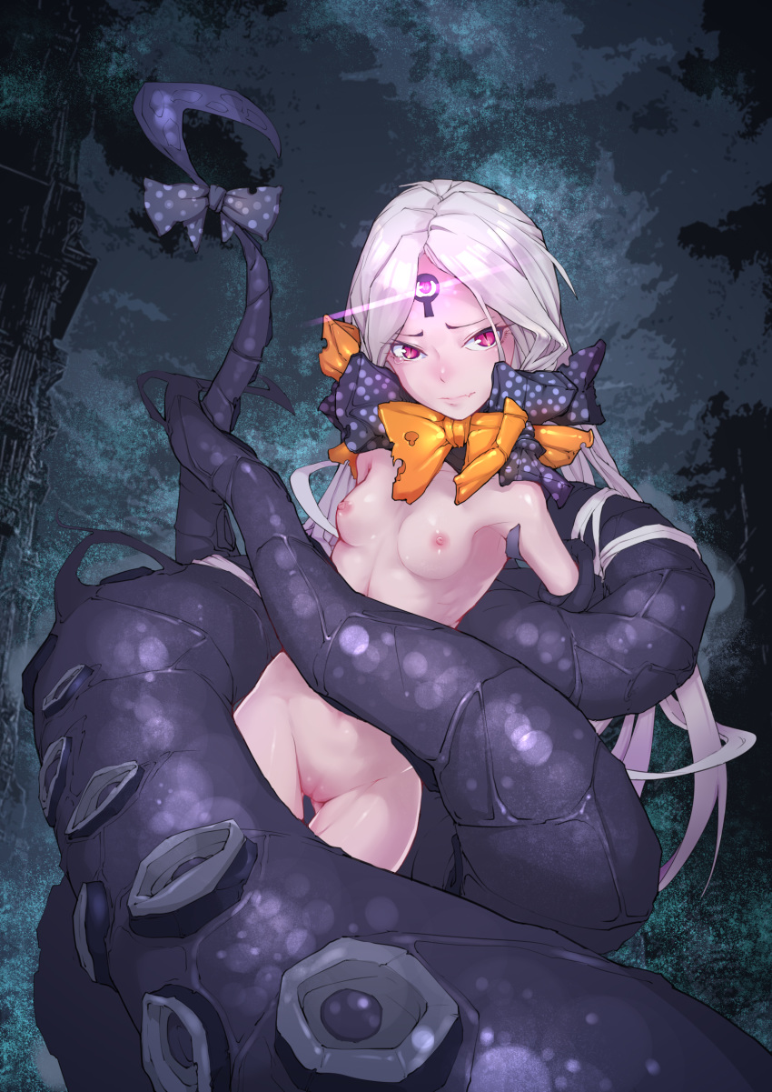 abigail_williams_(fate/grand_order) absurdres bangs black_bow bow breasts closed_mouth di_yi_xing_zian fang fang_out fate/grand_order fate_(series) glowing glowing_eye grey_hair highres keyhole long_hair looking_at_viewer navel nipples nude orange_bow pale_skin parted_bangs pink_eyes polka_dot polka_dot_bow pussy restrained silver_hair slit_pupils small_breasts solo suction_cups tears tentacles third_eye torn_clothes uncensored very_long_hair