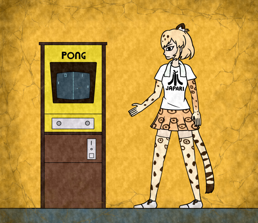 animal_ears arcade_cabinet arm_at_side atari black_eyes blonde_hair brand_name_imitation closed_mouth clothes_writing commentary_request crack egyptian_art from_side full_body highres jaguar_(kemono_friends) jaguar_ears jaguar_print jaguar_tail kemono_friends kita_(7kita) legs_apart oldschool parody pleated_skirt pong profile pun shirt short_hair short_sleeves skirt solo standing tail thighhighs towel towel_around_neck white_footwear white_shirt yellow_background zettai_ryouiki
