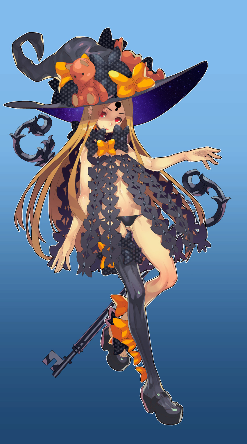 abigail_williams_(fate/grand_order) absurdres ass_visible_through_thighs bangs black_panties blonde_hair blue_background bow bug butterfly fate/grand_order fate_(series) fengmo full_body gradient gradient_background hair_bow hat hat_bow highres insect key keyhole long_hair looking_at_viewer orange_bow panties parted_bangs platform_footwear polka_dot polka_dot_bow shoe_bow shoes single_thighhigh smile solo stuffed_animal stuffed_toy teddy_bear thighhighs underwear very_long_hair witch_hat