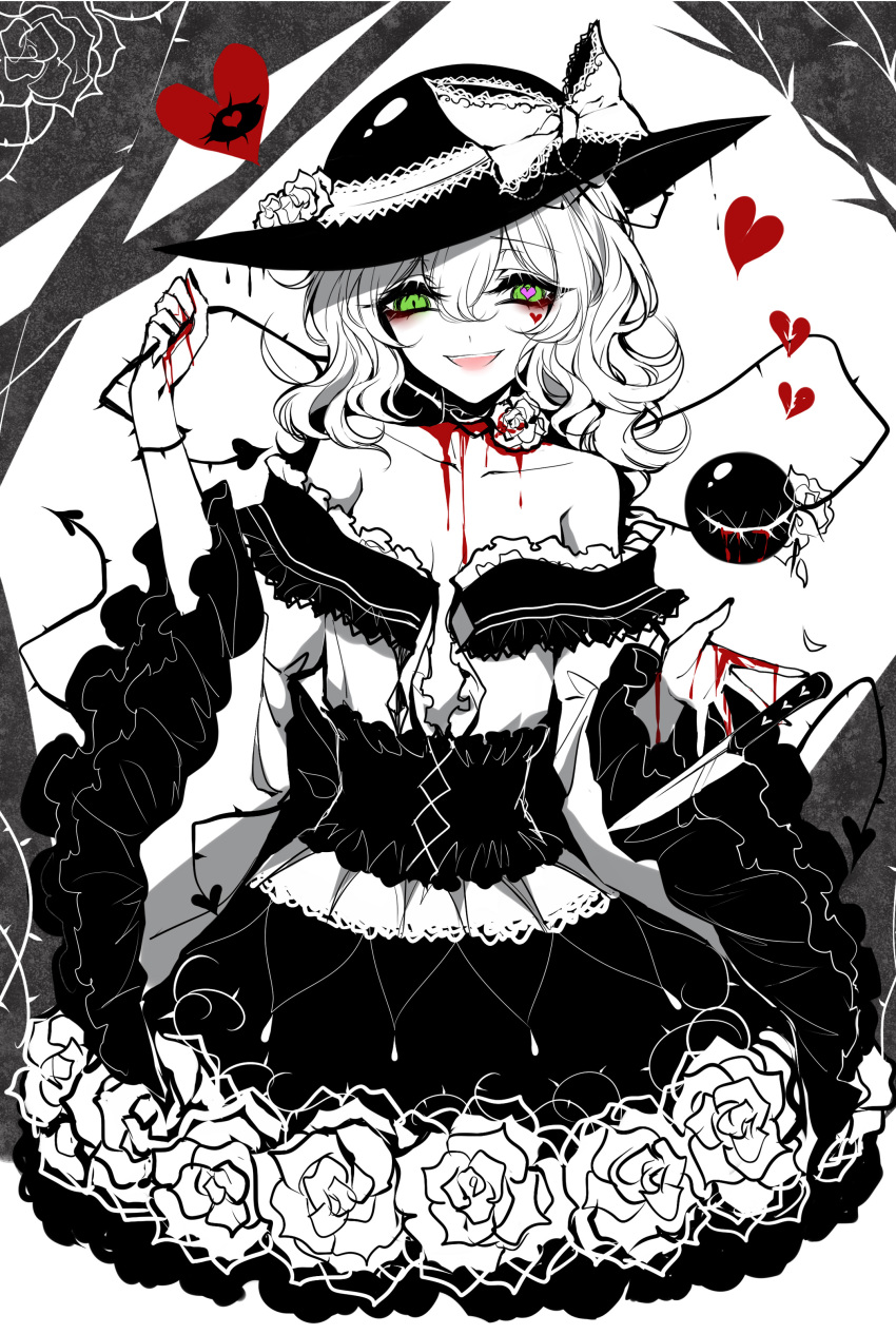 absurdres black_dress black_hat blood bow breasts choker cleavage collarbone cropped_legs dress eyebrows_visible_through_hair flower gothic_lolita green_eyes hair_between_eyes hat hat_bow heart heart-shaped_pupils highres komeiji_koishi limited_palette lolita_fashion long_hair sheya small_breasts solo standing sun_hat symbol-shaped_pupils thorns touhou white_background white_bow white_flower white_hair