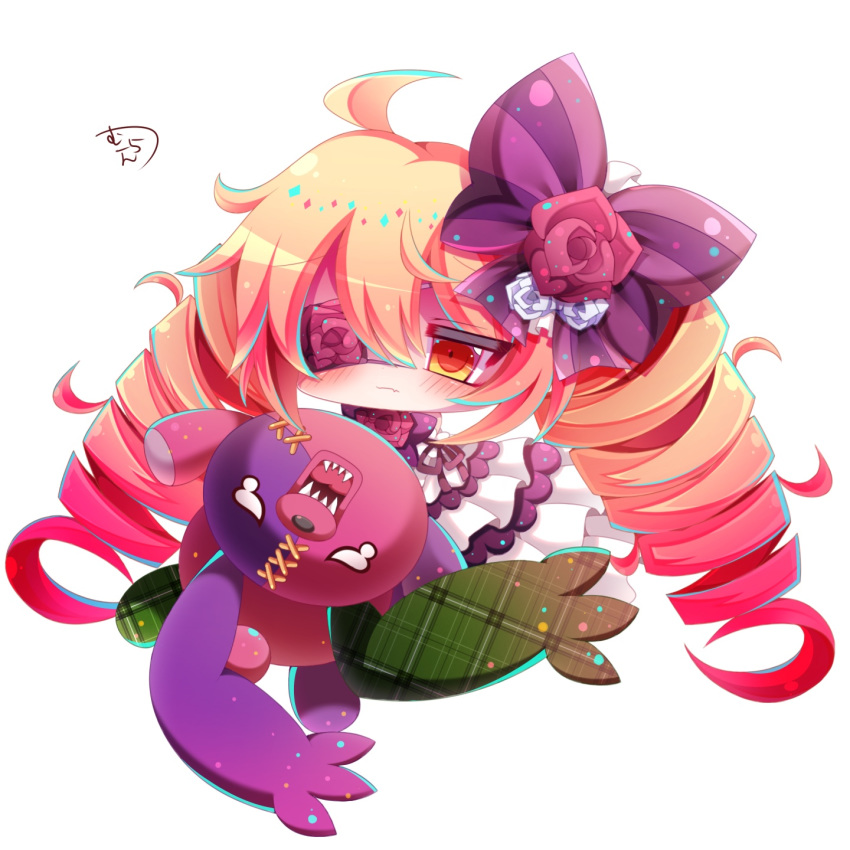 absurdly_long_hair ahoge bangs blonde_hair bow braid closed_mouth commentary_request dress eyebrows_visible_through_hair eyepatch fang fang_out floral_print flower full_body hair_between_eyes hair_bow highres long_hair muuran orange_eyes pink_ribbon plaid print_eyepatch purple_bow ribbon rosalie_(shironeko_project) rose rose_print sharp_teeth shironeko_project signature simple_background solo striped striped_bow stuffed_animal stuffed_toy teardrop teddy_bear teeth twin_braids twintails very_long_hair white_background white_dress white_flower white_rose