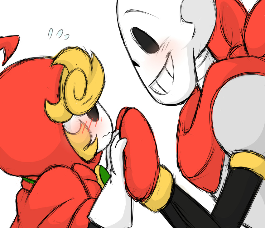 animated_skeleton blonde_hair blush bone clothed clothing duo female friisans gloves hair hand_holding hood male nervous not_furry papyrus_(undertale) red_(undertale) scarf skeleton smile sweat undead undertale video_games