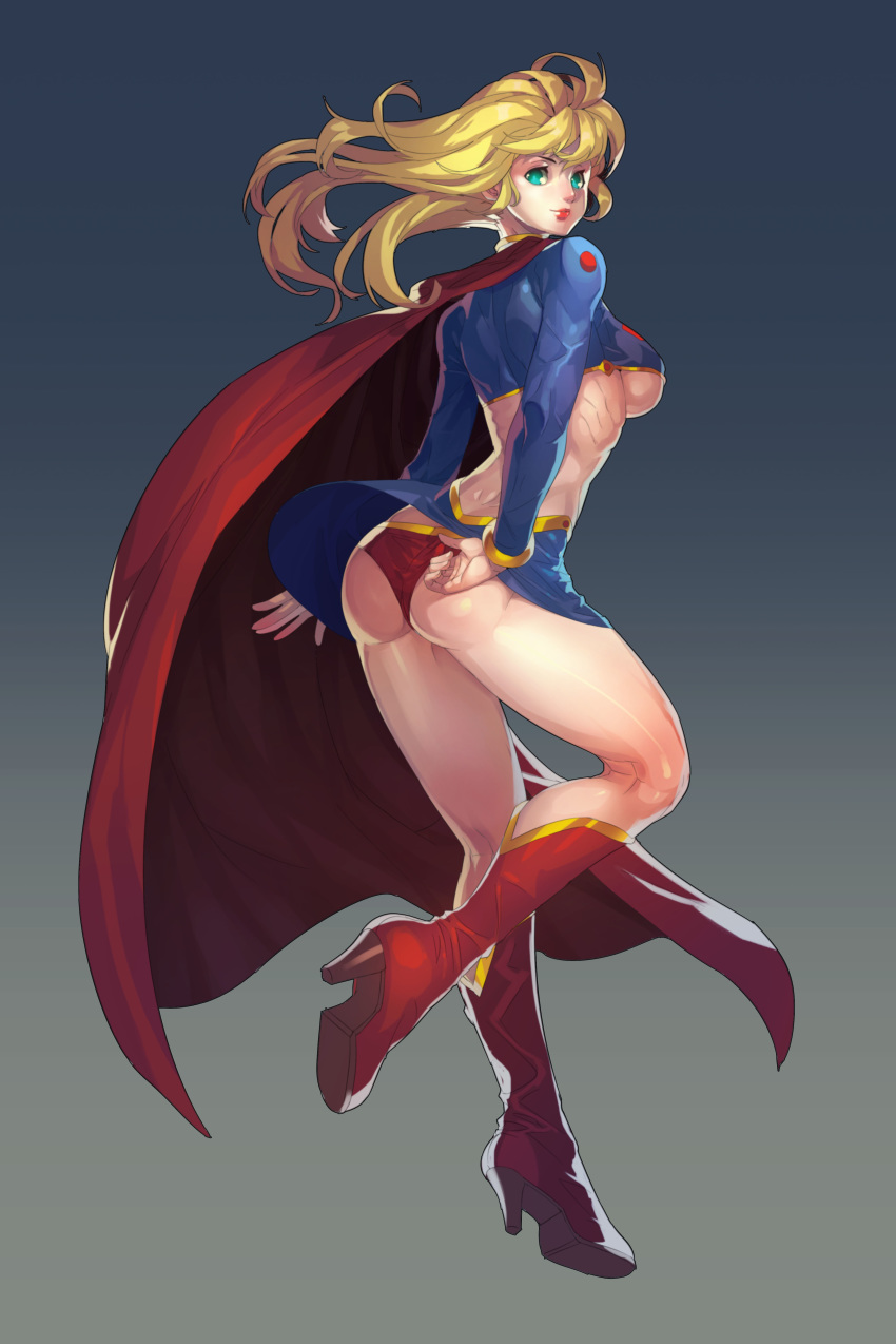 absurdres adjusting_clothes adjusting_panties aqua_eyes ass blonde_hair boots breasts cape dc_comics fengmo flying from_behind full_body gradient gradient_background high_heel_boots high_heels highres lips long_hair looking_at_viewer looking_back medium_breasts panties red_cape red_footwear smile solo supergirl underboob underwear