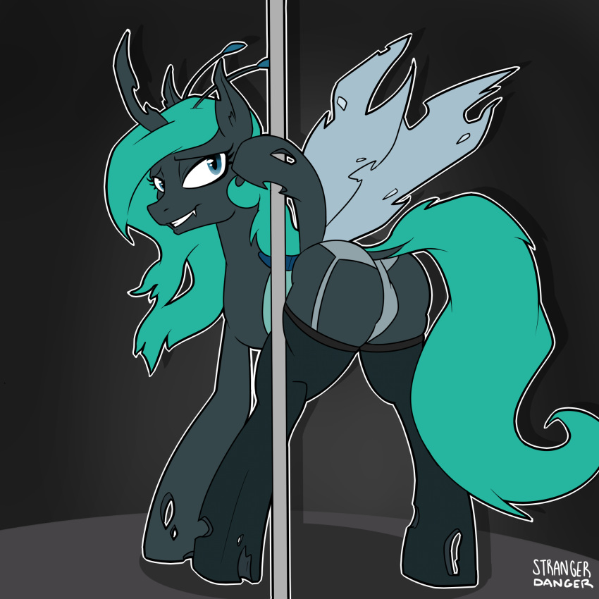 butt changeling clothing dancing female feral hair hi_res holometa horn insect_wings long_hair looking_at_viewer mammal my_little_pony panties pole pole_dancing smile solo strangerdanger stripper stripper_pole underwear wings