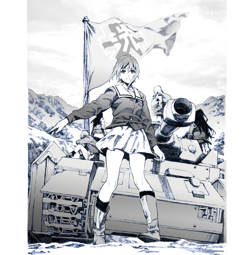 akiyama_yukari bangs boots closed_mouth commentary day emblem eyebrows_visible_through_hair flag frown girls_und_panzer greyscale ground_vehicle highres isuzu_hana jacket long_hair long_sleeves looking_at_viewer military military_uniform military_vehicle miniskirt monochrome motor_vehicle mountain multiple_girls nishizumi_miho nobita ooarai_(emblem) ooarai_military_uniform outdoors outstretched_arm panzerkampfwagen_iv pleated_skirt reizei_mako shirt short_hair sitting skirt socks solo_focus standing takebe_saori tank uniform wind zipper