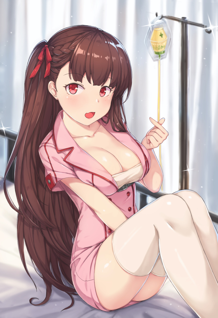 :o absurdres alternate_costume bangs blunt_bangs braid breasts brown_hair cleavage collarbone curtains double-breasted dress eyebrows_visible_through_hair feet_out_of_frame french_braid girls_frontline glint hair_ribbon hallohi hand_up highres indoors intravenous_drip knees_together_feet_apart knees_up large_breasts long_hair looking_at_viewer nurse on_bed one_side_up open_mouth pink_dress red_eyes red_ribbon ribbon shiny shiny_hair shiny_legwear shiny_skin short_dress short_sleeves sitting solo straight_hair underbust very_long_hair wa2000_(girls_frontline) white_legwear