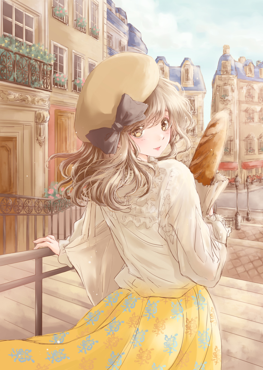 bag baguette beret black_ribbon blouse blue_sky bread building chair city cloud day floral_print food grocery_bag hair_over_one_eye hand_on_railing handbag handrail hat hat_ribbon highres hoshiibara_mato lamppost light_brown_hair long_hair long_sleeves looking_at_viewer looking_back original outdoors parted_lips planter ribbon road shopping_bag sketch skirt sky solo stairs street table white_blouse wooden_floor yellow_eyes yellow_skirt