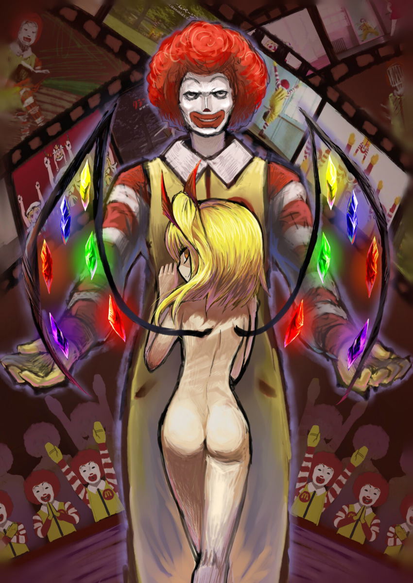 1girl 2b-ge afro ass back blonde_hair clothed_male_nude_female clown commentary_request cowboy_shot crossover crystal evil_grin evil_smile facepaint flandre_scarlet from_behind gloves glowing grin hands_up height_difference highres long_sleeves looking_at_viewer looking_back mcdonald's medium_hair meme niconico nude orange_eyes pose ran_ran_ru red_hair ronald_mcdonald side_ponytail smile standing striped touhou wings