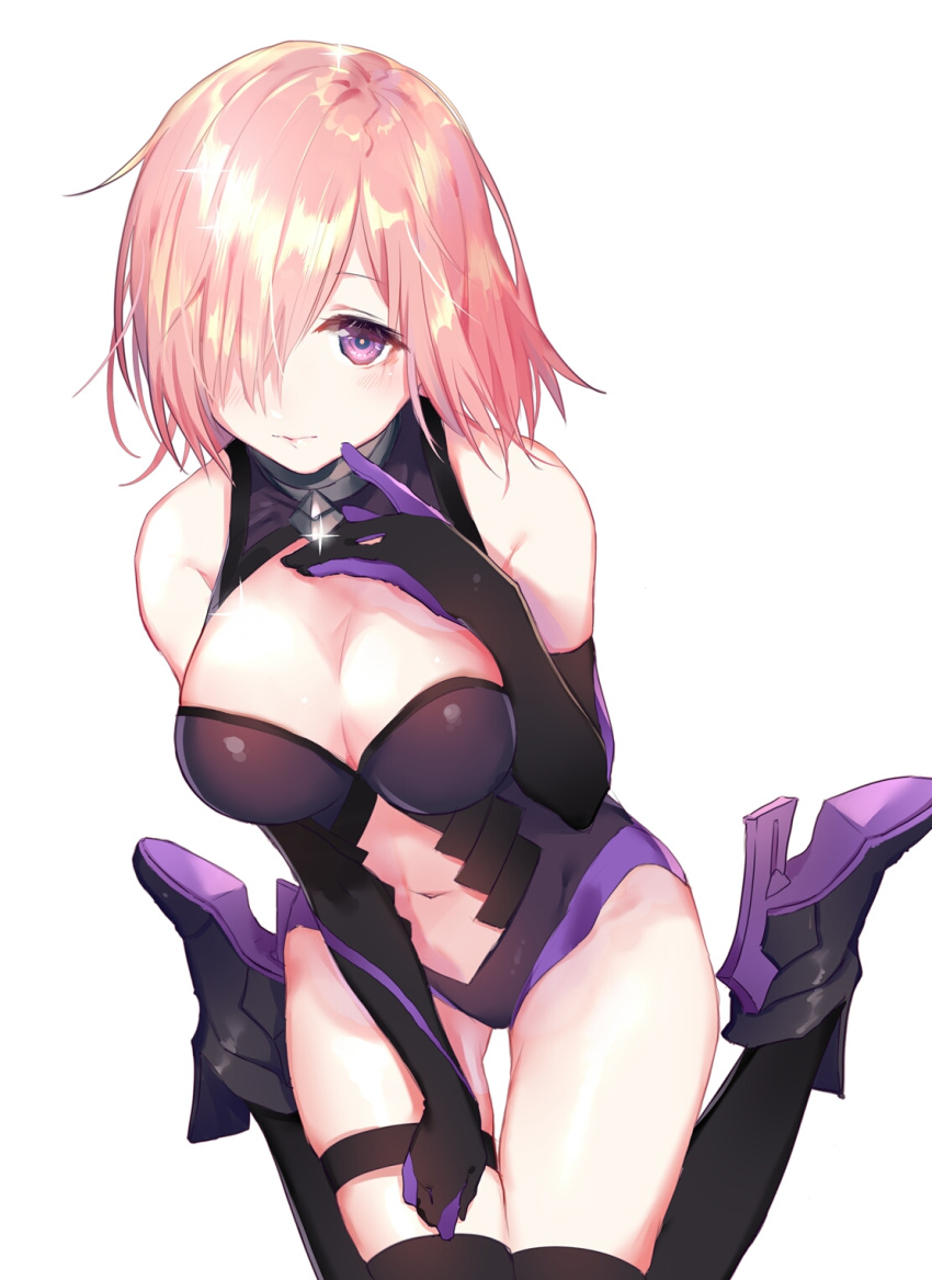 akira_(ying) bare_shoulders black_footwear black_gloves black_legwear black_leotard blush boots breasts cleavage closed_mouth elbow_gloves fate/grand_order fate_(series) gloves hair_over_one_eye hand_on_own_chest hand_up high_heel_boots high_heels highres large_breasts leotard looking_at_viewer mash_kyrielight navel pink_hair purple_eyes short_hair simple_background sitting solo thighhighs wariza white_background
