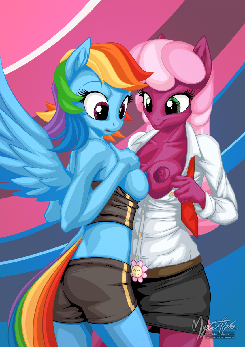 2015 anthro anthrofied areola big_breasts blue_feathers blue_fur breast_squish breasts cheerilee_(mlp) duo earth_pony equine erect_nipples feathered_wings feathers female friendship_is_magic fur green_eyes hair hi_res horse mammal multicolored_hair multicolored_tail my_little_pony mysticalpha nipples nude pegasus pink_hair pony purple_eyes rainbow_dash_(mlp) rainbow_hair rainbow_tail smile wings