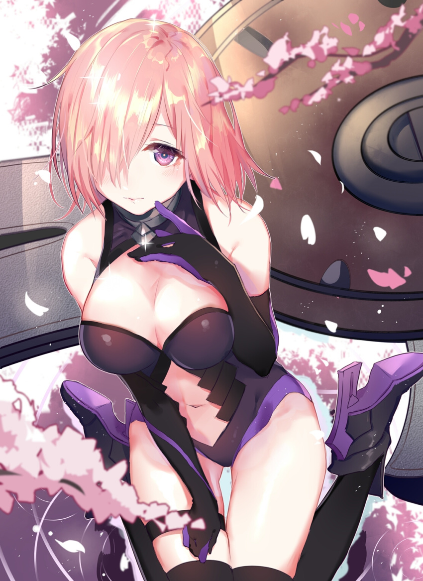 akira_(ying) bangs bare_shoulders black_footwear black_gloves black_legwear black_leotard blurry blurry_foreground blush boots breasts cleavage closed_mouth commentary_request depth_of_field elbow_gloves fate/grand_order fate_(series) flower gloves hair_over_one_eye hand_on_own_chest hand_up high_heel_boots high_heels highres large_breasts leotard looking_at_viewer mash_kyrielight navel petals pink_flower pink_hair purple_eyes ripples shield short_hair sitting solo thighhighs wariza water