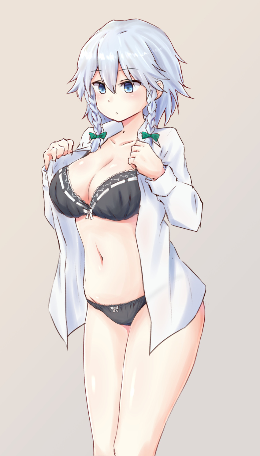 bare_legs beige_background black_bra black_panties blue_eyes bow bow_bra bow_panties bra braid breasts cleavage eyebrows_visible_through_hair forneus_0 green_bow hair_bow hand_up highres izayoi_sakuya large_breasts long_sleeves navel no_pants open_clothes open_shirt panties shirt silver_hair simple_background solo standing stomach touhou twin_braids underwear white_bow white_shirt
