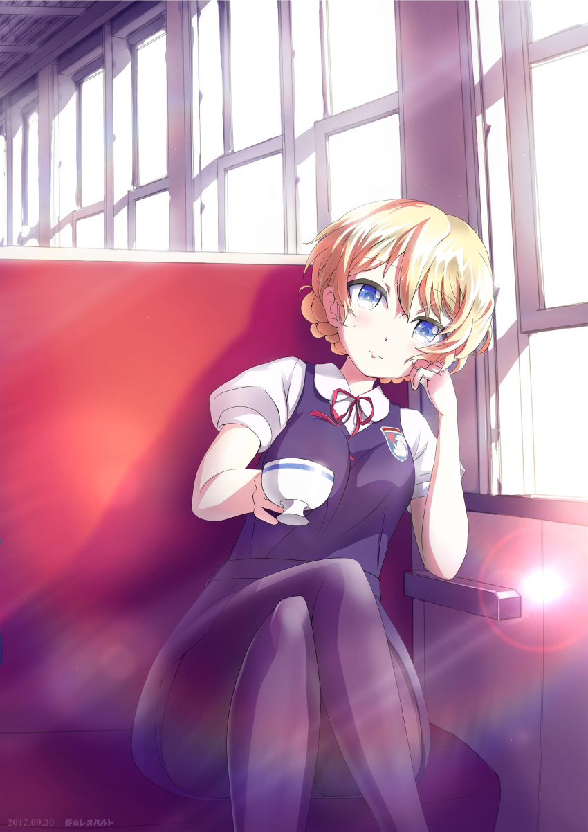 absurdres adapted_uniform artist_name bangs bench black_legwear blonde_hair blue_dress blue_eyes braid chin_rest closed_mouth collared_shirt commentary_request crossed_legs cup darjeeling dated dress emblem eyebrows_visible_through_hair girls_und_panzer hand_in_hair highres holding indoors leaning_to_the_side legs lens_flare light_smile looking_at_viewer neck_ribbon pantyhose puffy_sleeves red_neckwear ribbon school_uniform shirt short_dress short_hair sitting solo st._gloriana's_(emblem) summer_uniform sunlight teacup thighs tied_hair tonan_leopard twin_braids white_shirt window