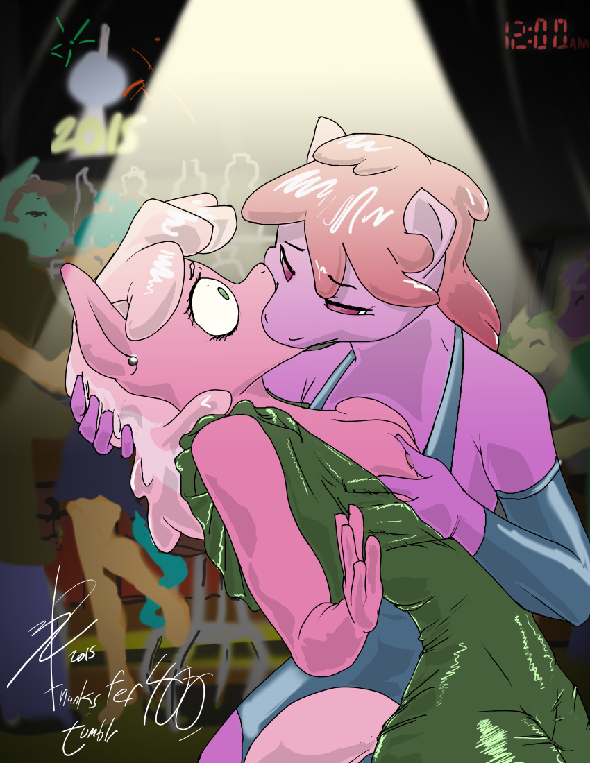 2015 anthro anthrofied berry_punch_(mlp) big_breasts breast_grab breasts cheerilee_(mlp) clothing crowd dress drunk duo_focus earth_pony equine exposed_breasts female female/female friendship_is_magic grope group hair hand_behind_head hand_on_breast hi_res holidays horse kissing male mammal my_little_pony new_year pink_hair pony surprise threewontoo