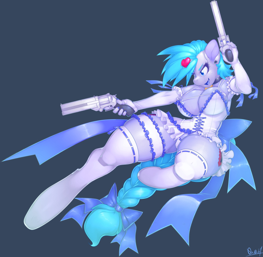 0r0ch1 2015 anthro armwear big_breasts blue_eyes blue_hair breasts cleavage clothed clothing cutie_mark earth_pony elbow_gloves equine fan_character female garter gloves gun hair handgun hi_res holding_object holding_weapon horse leg_garter legwear mammal my_little_pony panties pony pose ranged_weapon revolver simple_background solo thigh_highs underwear weapon