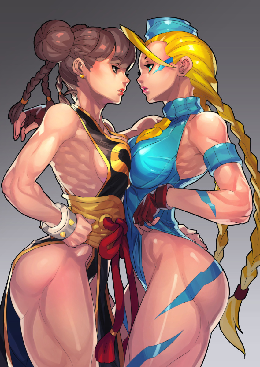 absurdres ahoge armband ass bare_shoulders black_dress blonde_hair blue_eyes blue_leotard bodypaint braid breast_press breasts brown_hair cammy_white china_dress chinese_clothes chun-li double_bun dress earrings face-to-face fengmo fingerless_gloves garrison_cap gloves hand_on_hip hat highres huge_ahoge jewelry leotard lips long_hair medium_breasts multiple_girls muscle parody parted_lips side_slit sideboob standing street_fighter symmetrical_docking twin_braids very_long_hair