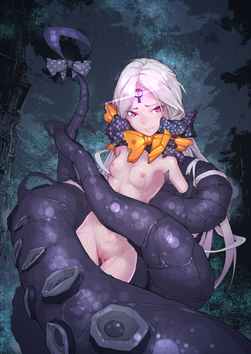 abigail_williams_(fate/grand_order) absurdres bangs black_bow bow breasts closed_mouth di_yi_xing_zian fang fang_out fate/grand_order fate_(series) glowing glowing_eye grey_hair highres keyhole long_hair looking_at_viewer navel nipples nude orange_bow pale_skin parted_bangs pink_eyes polka_dot polka_dot_bow pussy restrained silver_hair slit_pupils small_breasts solo suction_cups suggestive_fluid tears tentacles third_eye torn_clothes uncensored very_long_hair