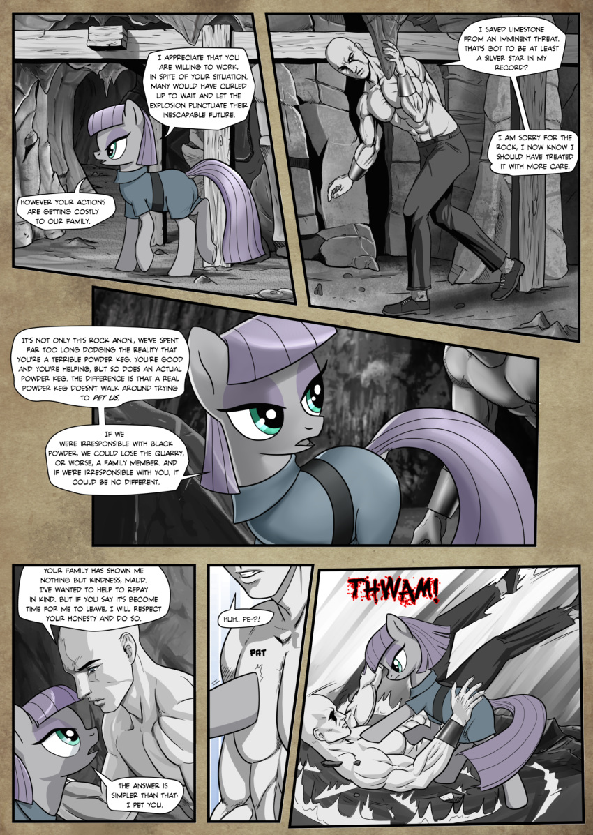 2016 angry anon bald bare_chest clothed clothing comic dialogue duo earth_pony english_text equine female feral fight friendship_is_magic fur green_eyes grey_fur hair hi_res horse human male mammal maud_pie_(mlp) mine monochrome muscular muscular_male my_little_pony pencils_(artist) pony purple_hair rock text